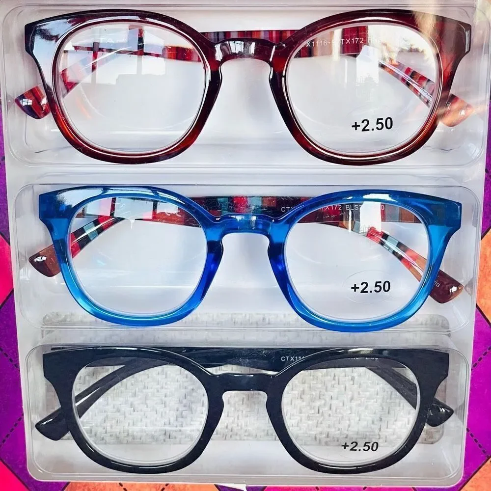 NWT 3 Pack 2.50 TAHARI Premium Eye Reading Glasses Black, Blue & Brown & Striped